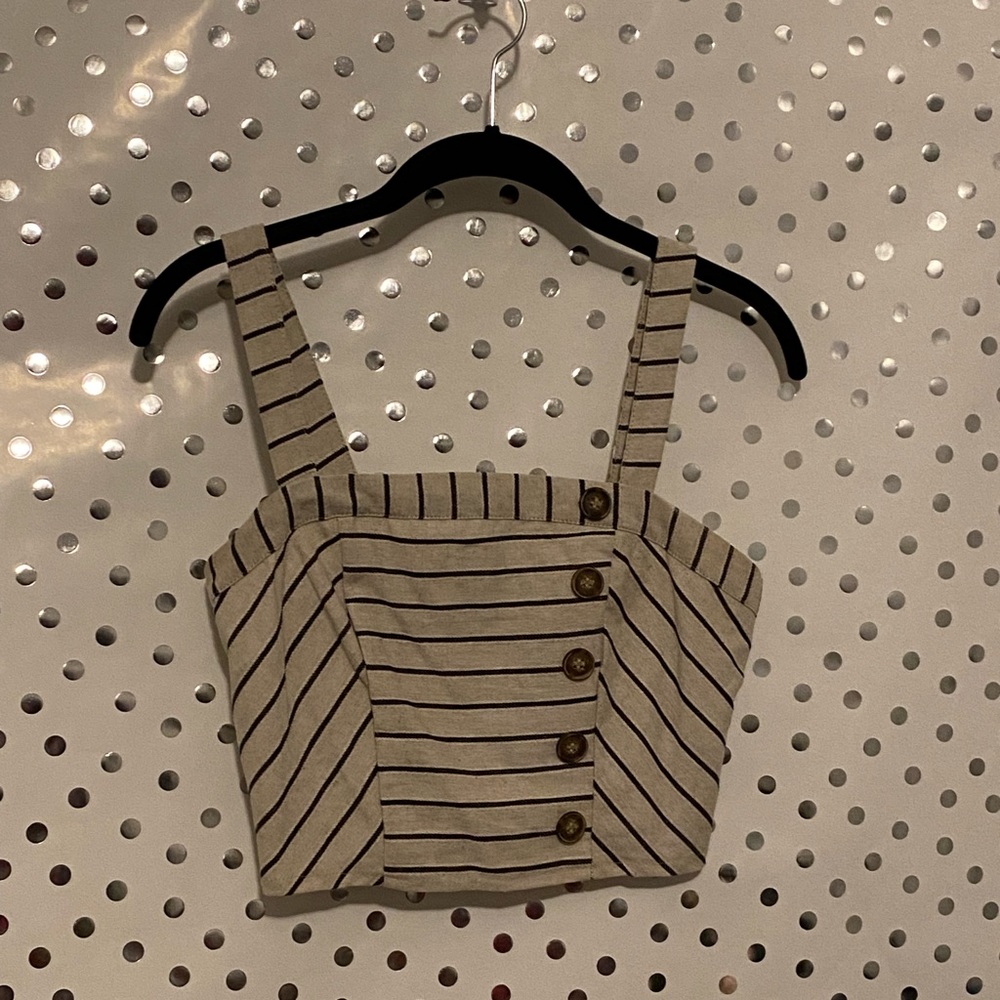 Brand: Altar’d State;  size: M; light khaki w/black with white trim stripes